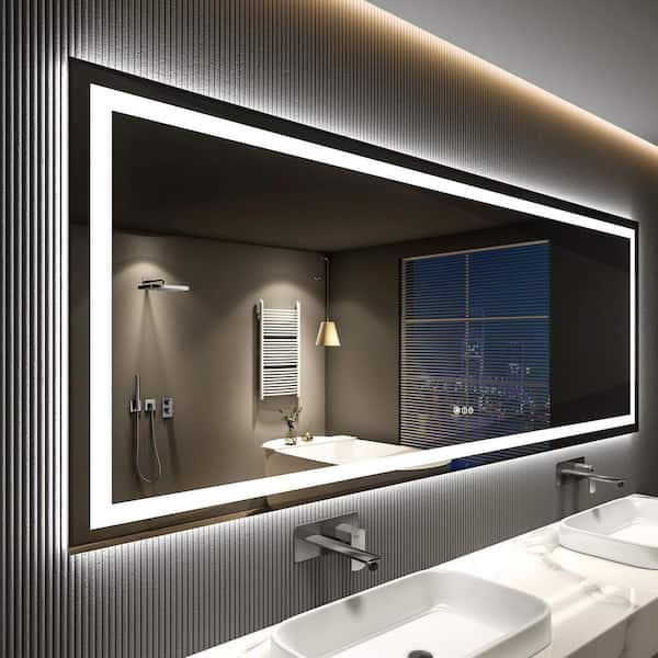 Apmir 88 in. W x 38 in. H Large Rectangular Frameless Double LED Lights Anti-Fog Wall Bathroom Vanity Mirror in Tempered Glass