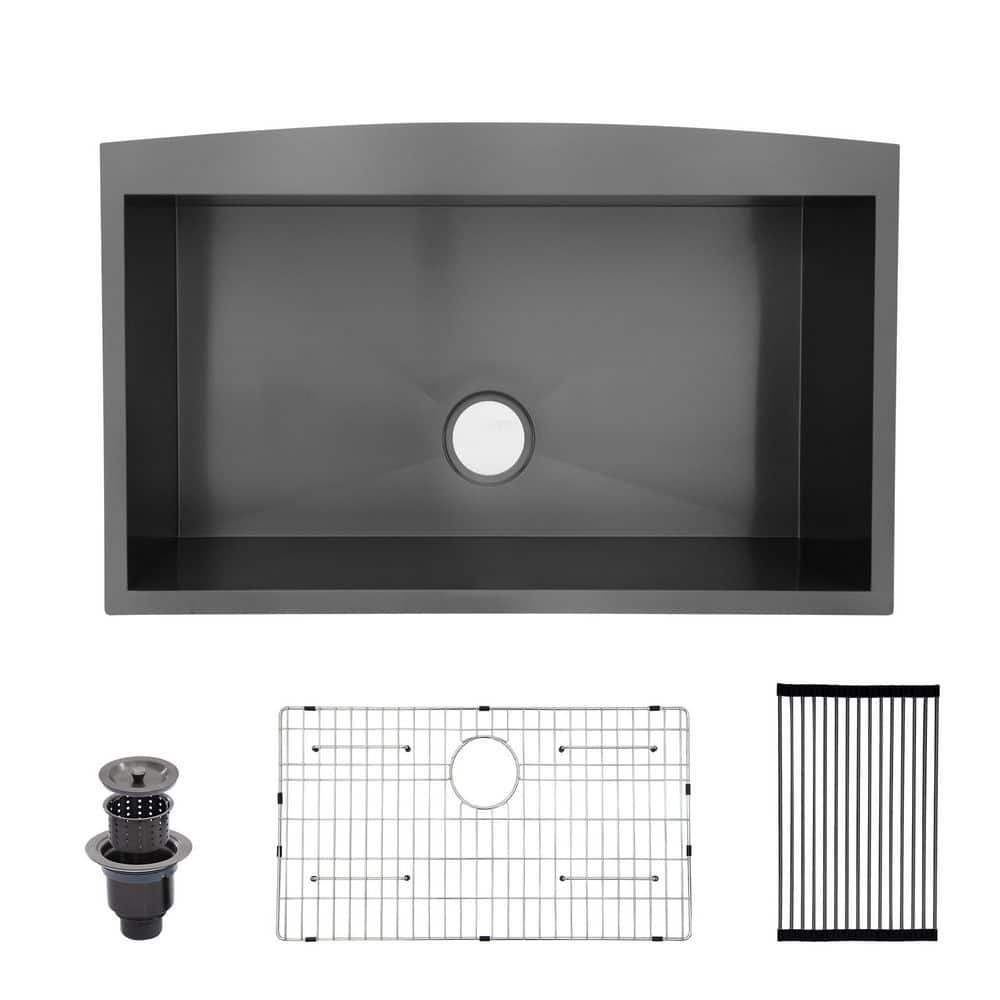 33 in. Farmhouse Apron Front Single Bowl Gunmetal Black 18 Gauge Stainless Steel Kitchen Sink with Strainer -  Sarlai, AL-KAB33209A1