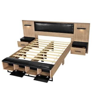 Walnut (Brown) Wood Frame Queen Size Platform Bed Upholstered Headboard and Bench, Shelf, Lights, Storage Nightstand
