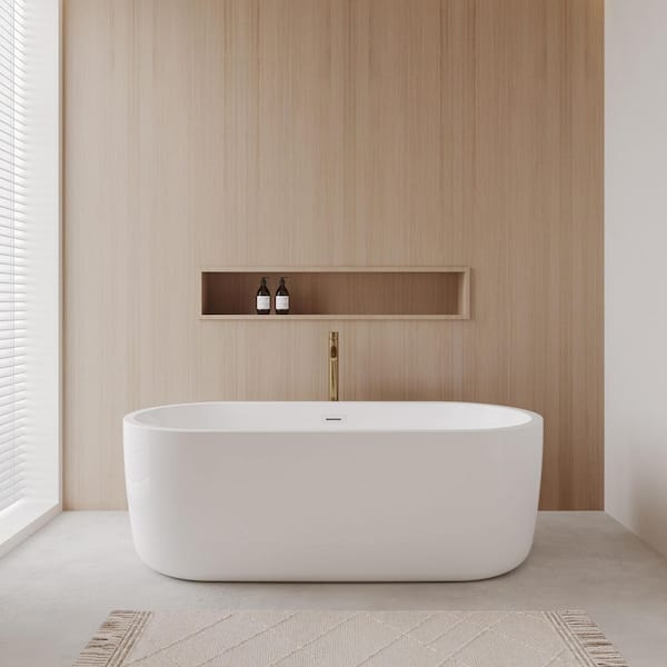 Wyndham Collection Juliette 67 in. Acrylic Flatbottom Bathtub in White with Shiny White Trim and Brushed Gold Faucet