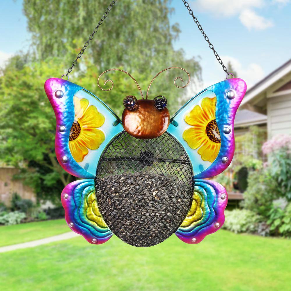 Colorful Hand-Painted Metal Butterfly Hanging Bird Feeder