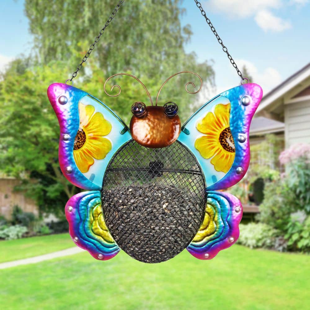 Colorful Hand-Painted Metal Butterfly Hanging Bird Feeder