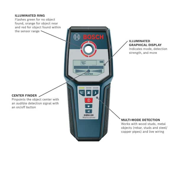 Bosch Digital Wall Scanner with Modes for Wood, Metal, and AC Wiring GMS120  - The Home Depot