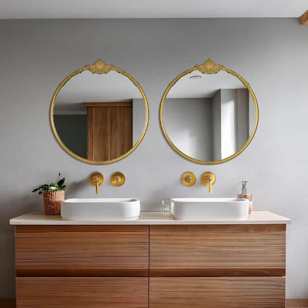 Deco Mirror 24 in. W x 25.5 in. H Vintage Antique Brass Round