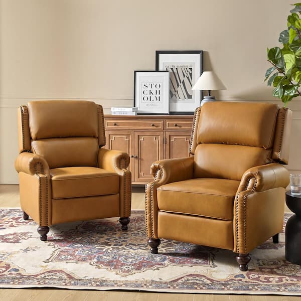 Elisabete Modern Retro Camel Nail Head Trim Genuine Leather Cigar Recliner with Tapered Birch Wood Legs (Set of 2)