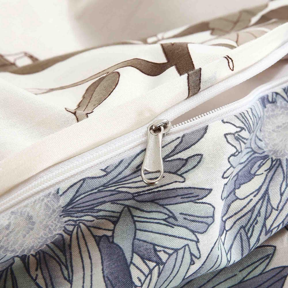 Cream and Blue Gray Floral Cotton Queen Duvet Cover Set