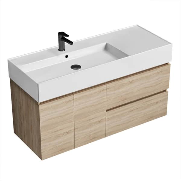 Nameeks Block 47.6 in. W x 18.1 in. D x 25.2 in. H Modern Bathroom Vanity in Brown Oak With White Ceramic Top