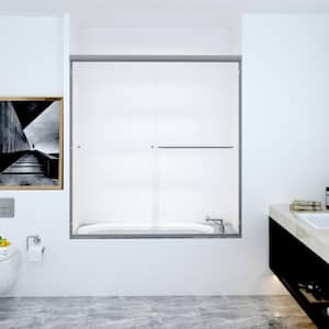 60 in. W x 62 in. H Double Sliding Framed Shower Door in Brushed Nickel Finish with Transparent Glass
