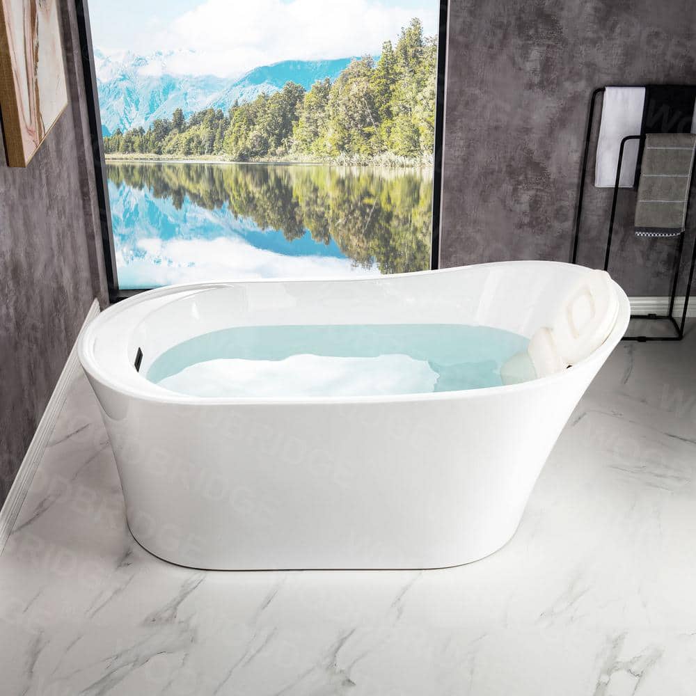 67" White Acrylic Freestanding Single Slipper Bathtub with Matte Black Trim