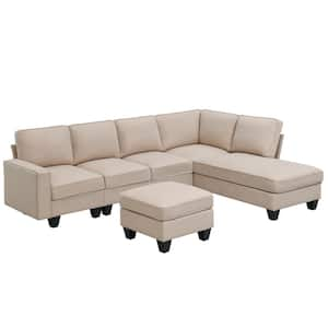 104.30 in. Polyester L-Shaped Sectional Sofa in. Light Brown with Chaise Lounge and Convertible Ottoman