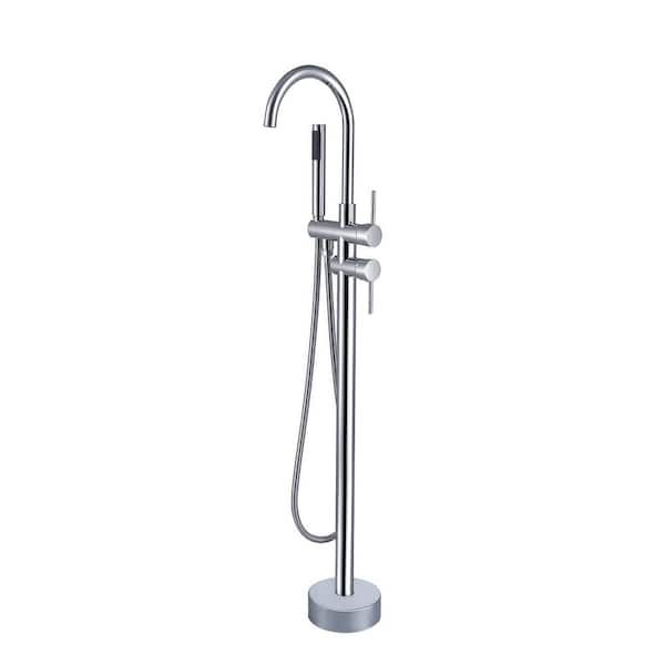 Unbranded Double-Handles Floor Mount Freestyle Freestanding Bathtub Faucet 3.9 GPM with Handheld Shower in Chrome