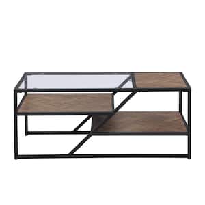 43.31 in. Black Rectangle Glass Top Coffee Table with Storage Shelf
