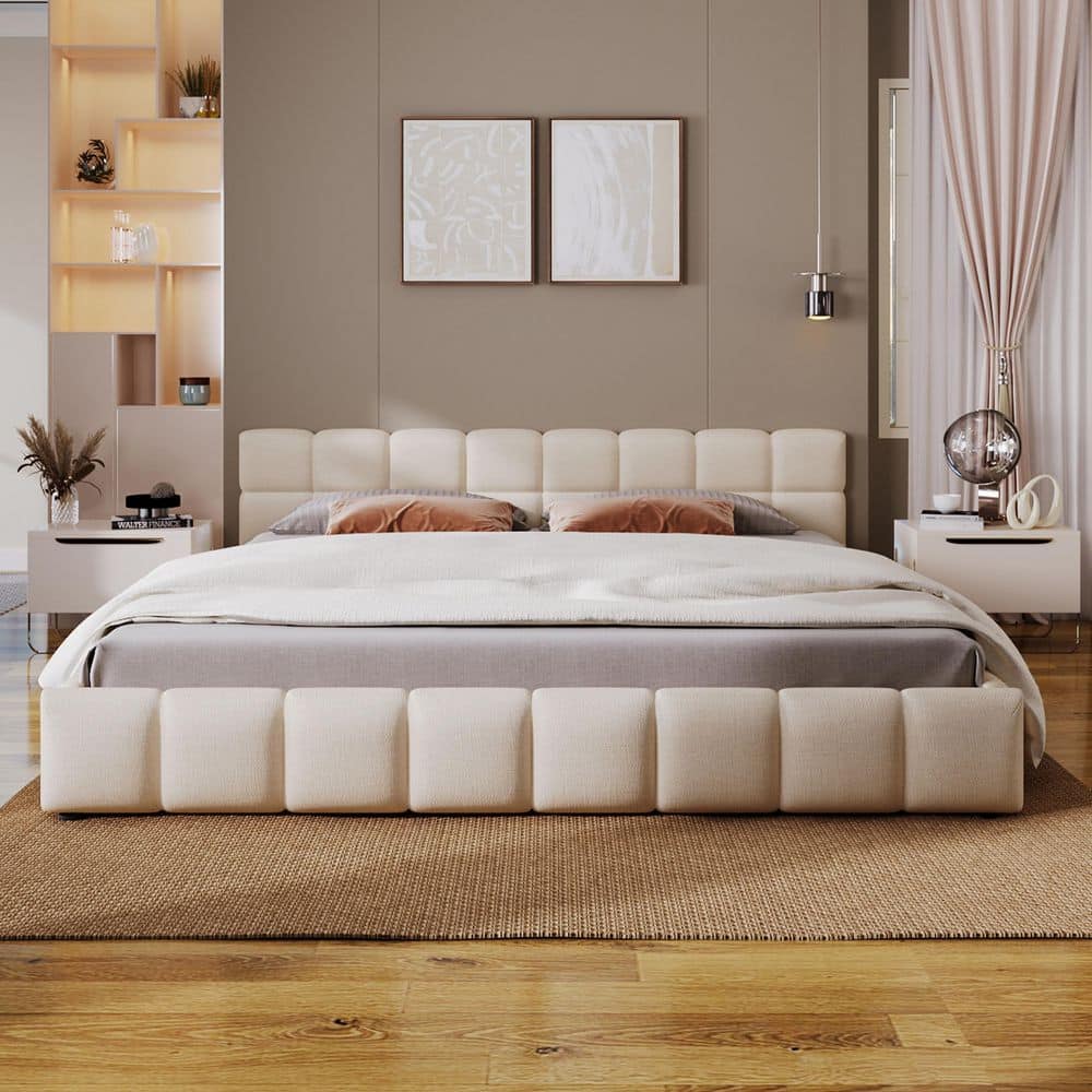 Beige Wood Frame King Size Chenille Upholstered Platform Bed Grounded Bed with Tufted Headboard - thumbnail 2