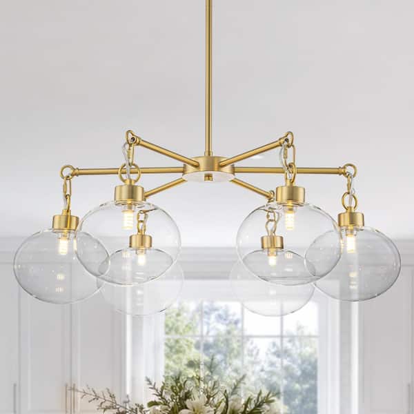 28.35 in. 6-Light Brushed Brass Modern Chandelier with Clear Glass Globe for Dining, Living Room