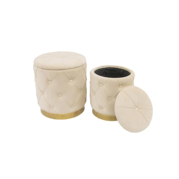 Best Quality Furniture Camil Beige Velvet Upholstered Tufted Buttons Storage Ottoman (Set of 2)
