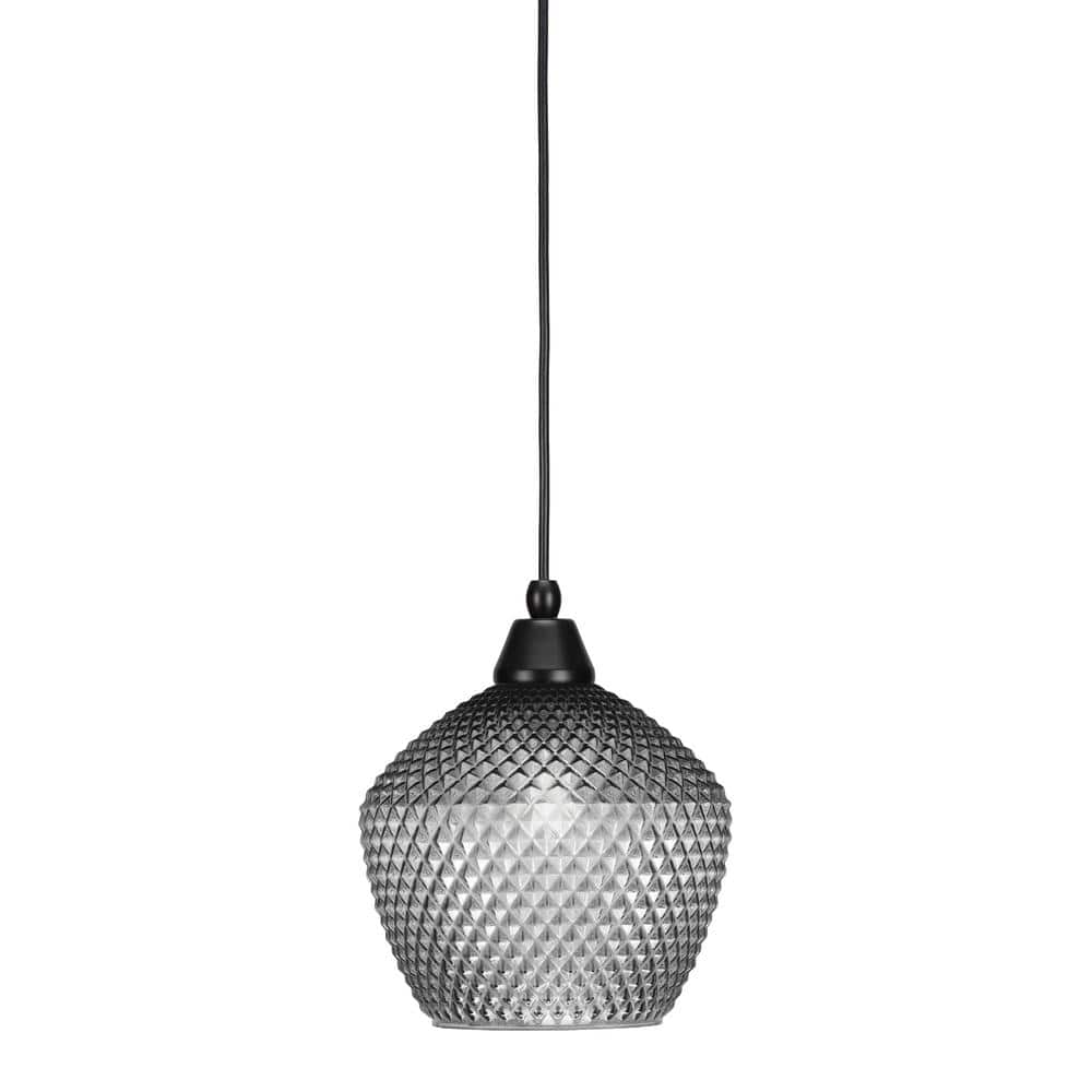 Bryson 9 in. 1-Light Matte Black Cord Pendant Light with 9 in. Smoke Textur
