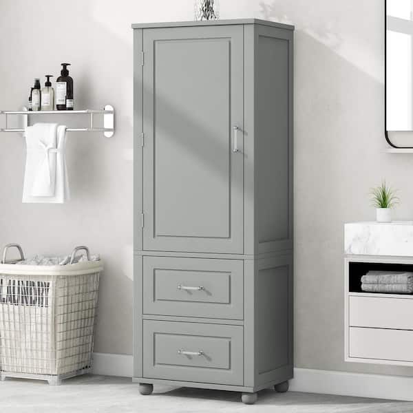 23 in. W x 15.9 in. D x 61.4 in. H Gray Wood Freestanding Linen Cabinet with Drawer and Adjustable Shelf in Gray