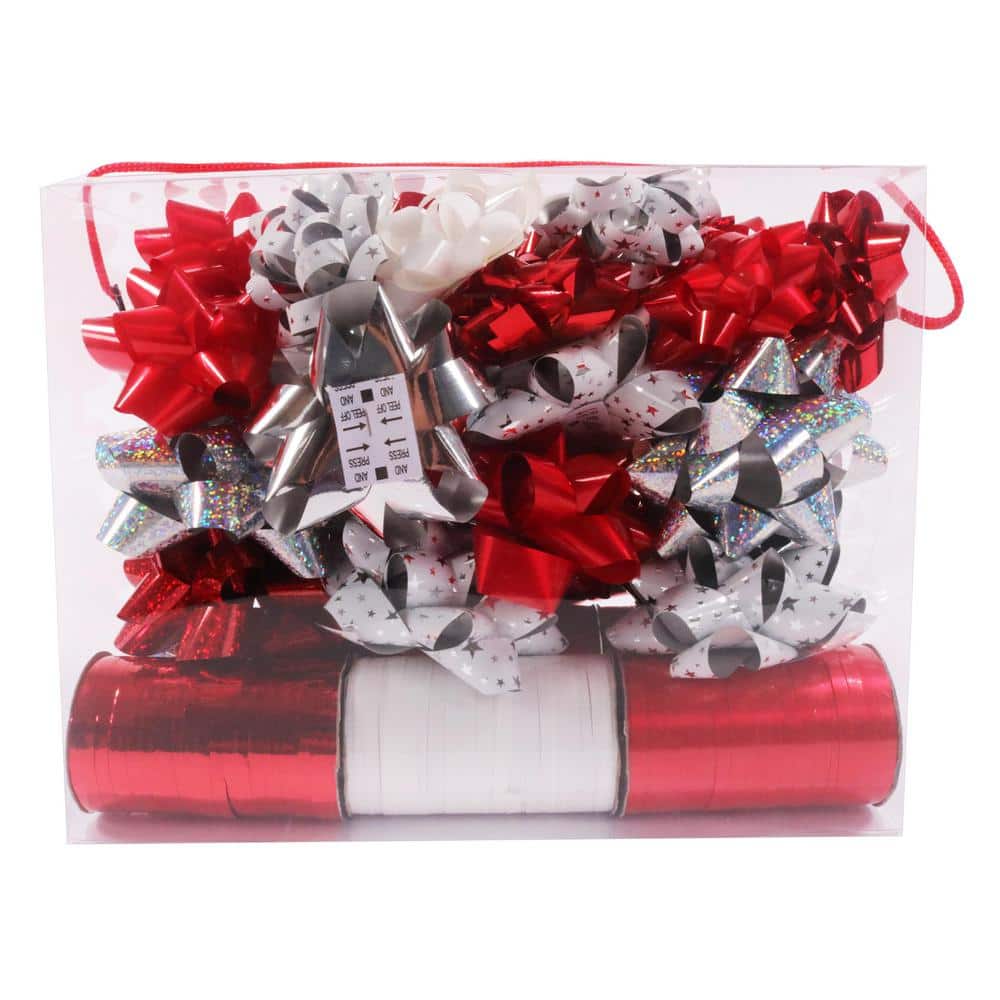 Santaland 36-Piece Silver and Red Ribbon and Bow Wrapping Set