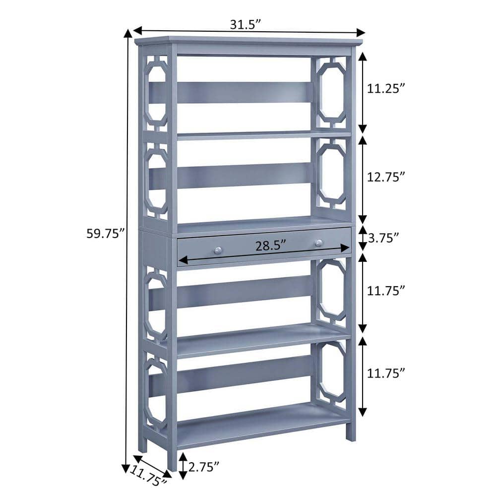 Omega Gray 5-Tier Bookcase with Spacious Drawer