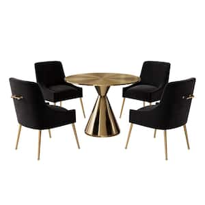 5-Piece Round Gold Stainless Steel Dining Set with Black Velvet Dining Chairs