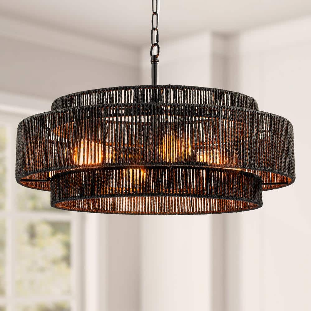 4 Lights Black Modern Bohemian 3-Layer Hand-woven Drum Hanging Pendant Ligh