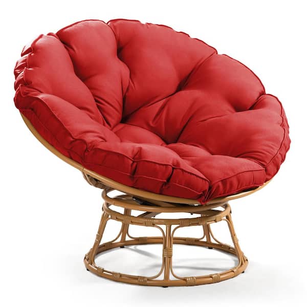 Brown Wicker Outdoor Patio Swivel Papasan Lounge Chair with Red Cushion