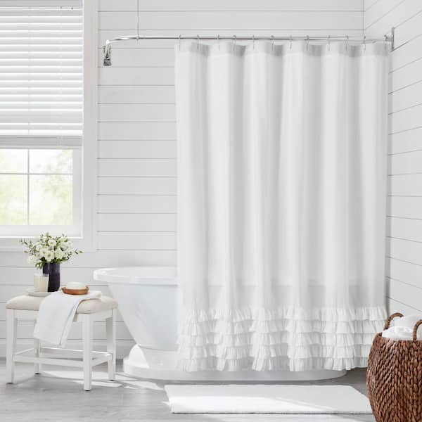 White Ruffled Shower Curtain Ruf, White Ruffle Farmhouse Shower Curtain