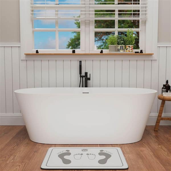 65 in. x 29.5 in. Soaking Freestanding Solid Surface Resin Stone Rectangular Bathtub with Center Drain in Matte White