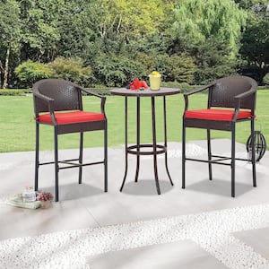 3-Piece Wicker Round Table Outdoor Bistro Set with Red Cushions