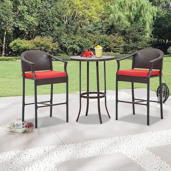 Cesicia 3-Piece Wicker Round Table Outdoor Bistro Set with Red Cushions