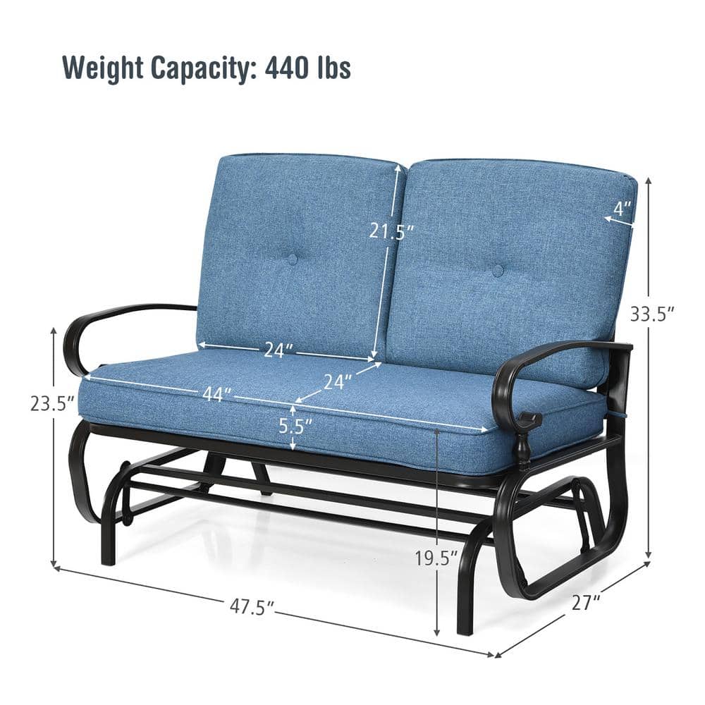 Navy Blue Cushioned Steel Frame 2-Person Outdoor Glider Bench