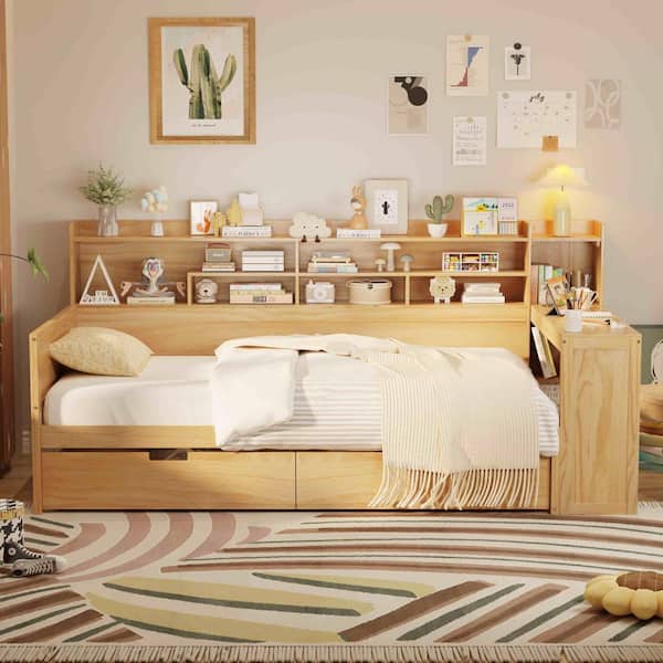 Natural Twin Daybed with Storage Shelves, 2 Storage Drawers and Study Desk