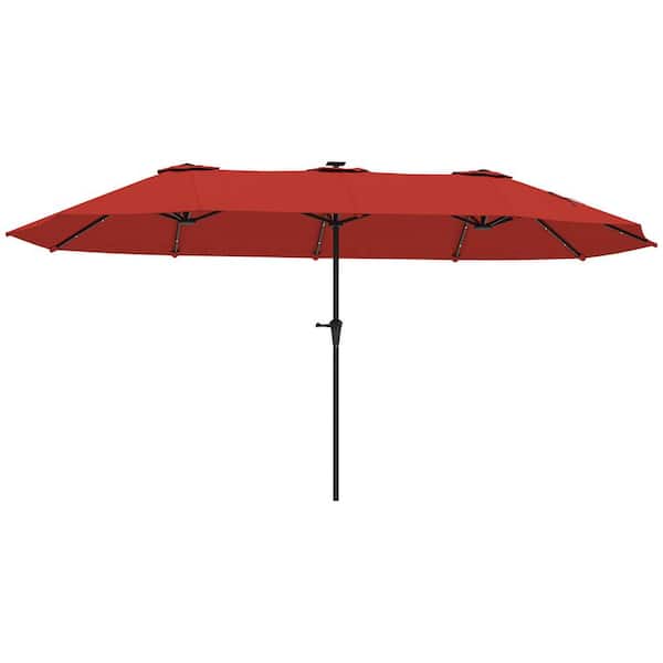 13 ft. Patio Umbrella in Red with Solar Lights, Double-Sided Outdoor Market Umbrella with Crank Handle and 48 LED Lights
