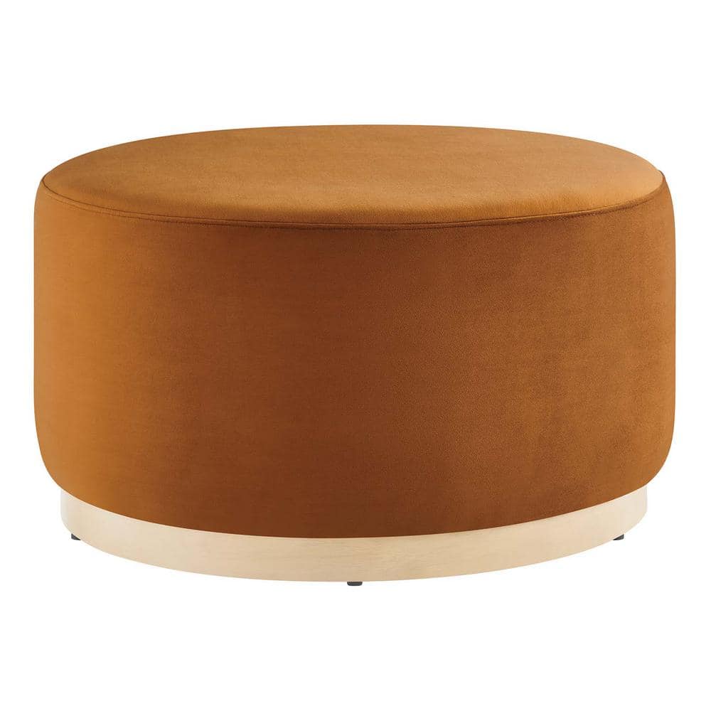 Tilden Large Round Rust Velvet Upholstered Ottoman with Rubberwood Base