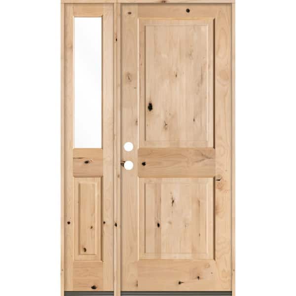 Krosswood Doors 44 in. x 80 in. Rustic Unfinished Knotty Alder Square-Top Right-Hand Left Half Sidelite Clear Glass Prehung Front Door