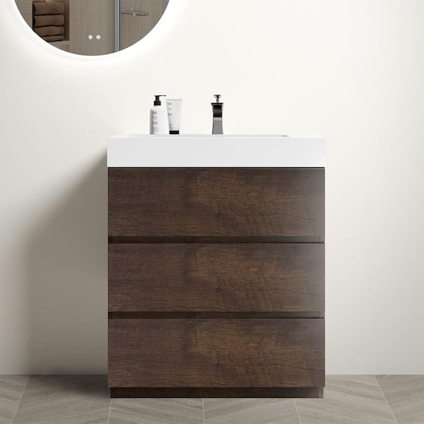 NOBLE 30 in. W x 18 in. D x 37 in. H Single Sink Freestanding Bath Vanity in Wood with White Solid Surface Integral Top