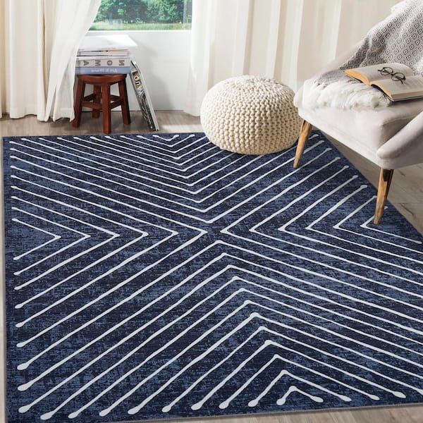 Large Striped Washable Soft Thin Carpet for Bedroom Living Room Home Decor Office Blue 8 ft. x 10 ft. Area Rug