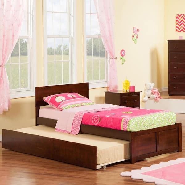 Orlando Walnut Twin Platform Bed with Flat Panel Foot Board and Twin Size Urban Trundle Bed
