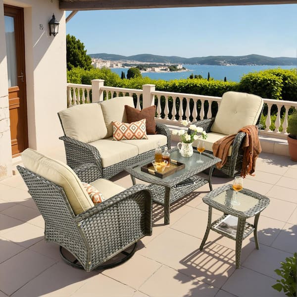 Noah Gray 5-Piece Wicker Outdoor Patio Conversation Sofa Seating Set with Rocking Chairs and Beige Cushions
