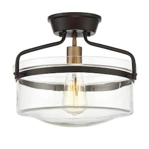 Meridian 13.25 in. W x 11 in. H 1-Light Oil Rubbed Bronze Semi-Flush Mount Ceiling Light with Clear Glass Shade