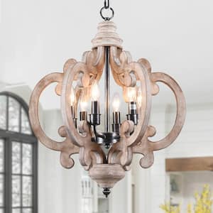 6-Light Weathered Wood Cottage Chic Crown Chandelier with Farmhouse Wooden Pendant