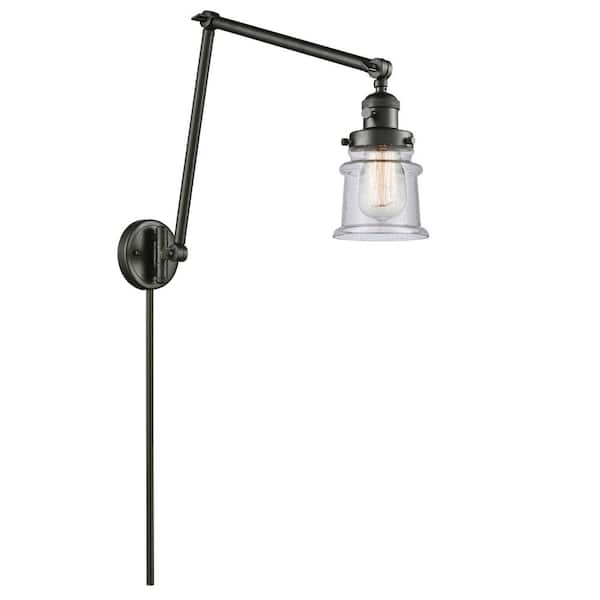 Canton 1-Light Oil Rubbed Bronze, Seedy Hardwired Swing Arm Wall Lamp with Glass Shade and 84 in. Cord