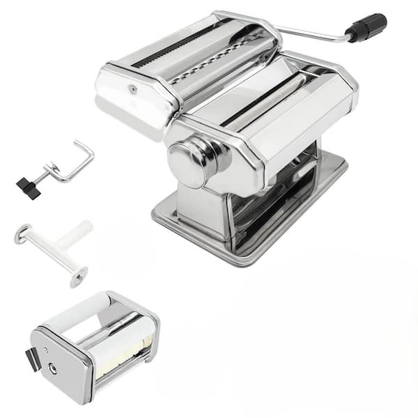 Stainless Steel 9-Level Adjustable 2-in-1 Manual Pasta Maker with Cutter Attachments, Drying Rack