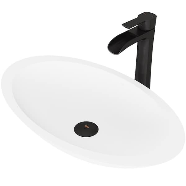Vigo Matte Stone Wisteria Composite Oval Vessel Bathroom Sink In White With Niko Faucet And Pop Up Drain Black Vgt987 - Composite Oval Bathroom Sink