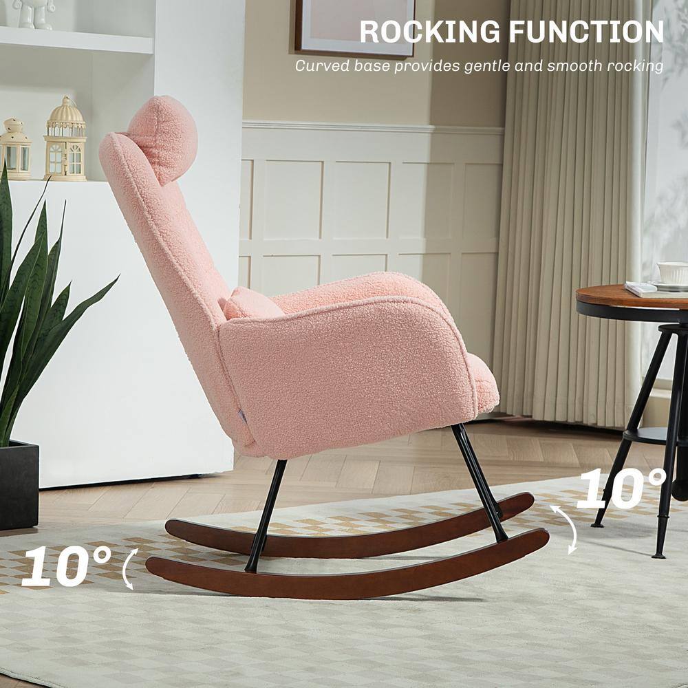 Pink Upholstered High-Back Rocking Chair with Steel Frame and Beech Wood Base