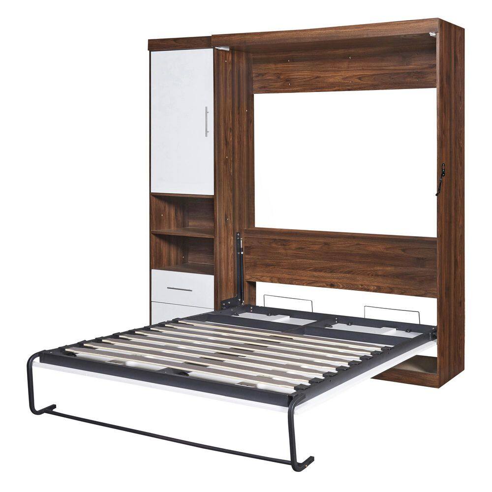White and Brown Wood Frame Full Size Murphy Bed, Wall Bed with Cabinet - thumbnail 7