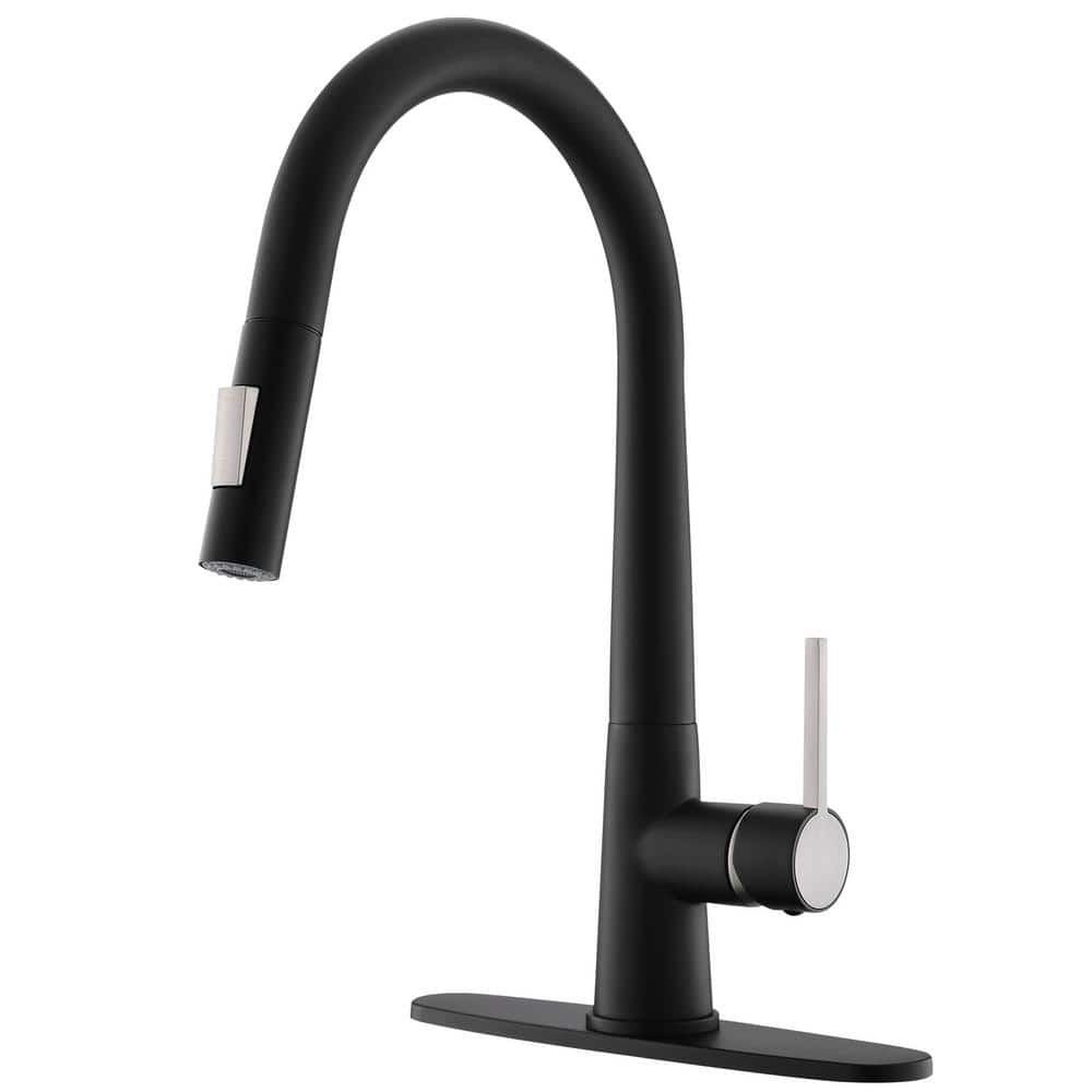 Modern Single Handle Pull Down Sprayer Kitchen Faucet, Black Kitchen Sink F