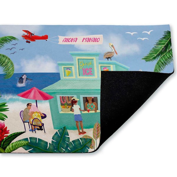 Aloha Island Beach Scene Blue 18 in. x 30 in. Polyester Non-Slip Outdoor Door Mat