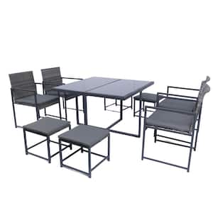 9 Piece Wicker Outdoor Dining Set with Rattan Chairs and Glass Top with Cushions Gray