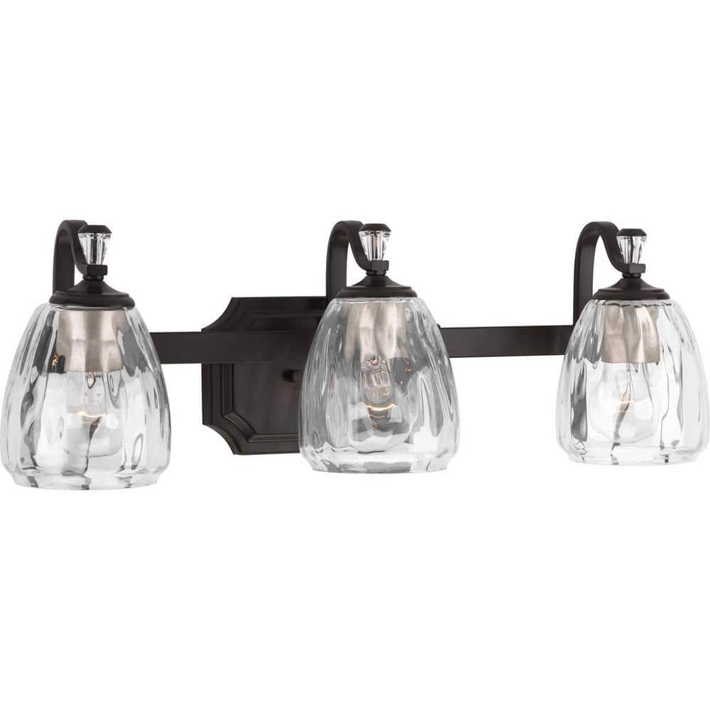 Anjoux Antique Bronze 3-Light Bath Vanity Fixture with Clear Water Glass Shades